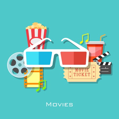 illustration of 3d glasses with film stripe and pop cornのイラスト素材