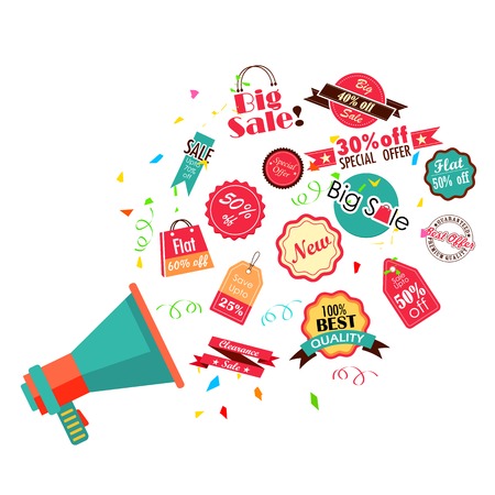 illustration of different sale and discount tags coming out of bullhornのイラスト素材