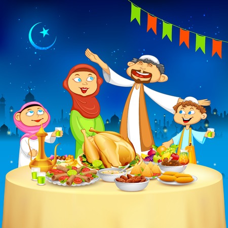 illustration of muslim family celebrating Eid in Iftar partyのイラスト素材