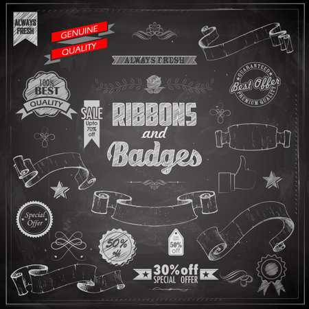 illustration of vintage ribbon and badges on chalkboardのイラスト素材