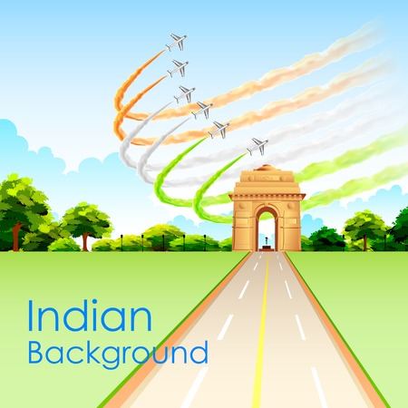 illustration of airplane making Indian tricolor flag around India Gateのイラスト素材