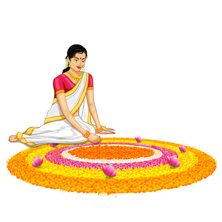 illustration of woman making rangoli for onamのイラスト素材