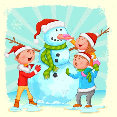 illustration of kids building Snowman for Christmasのイラスト素材