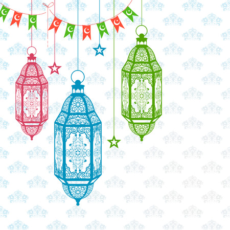 illustration of arabic lamp on Eid Mubarak (Happy Eid) backgroundのイラスト素材