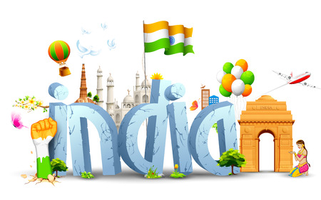 illustration of tricolor balloon with Indian flag and monumentのイラスト素材