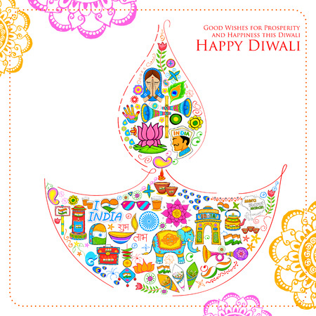 illustration of Happy Diwali background with India related things in diya shapeのイラスト素材