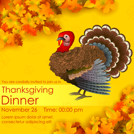 illustration of invitation card for Happy Thanksgiving with turkey and maple leafのイラスト素材