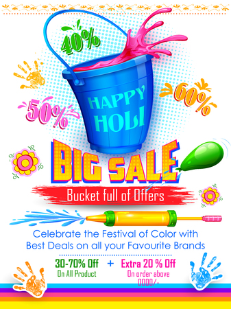 illustration of colorful splash coming out from bucket and pichkari in Holi promotional backgroundのイラスト素材