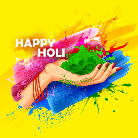 illustration of hand holding colorful gulaal (powder color) for Happy Holiのイラスト素材