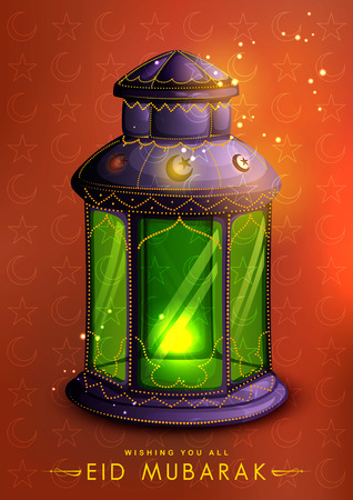 illustration of Eid Mubarak Happy Eid greeting in Arabic freehand with illuminated lampのイラスト素材