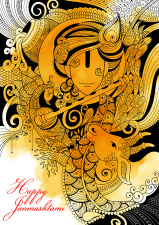 illustration of Lord Krishana in Happy Janmashtamiのイラスト素材