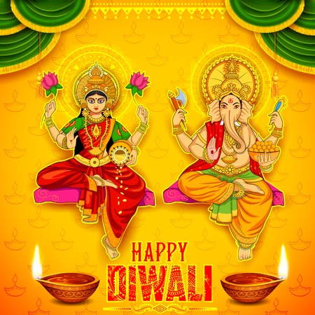 illustration of Goddess Lakshmi and Lord Ganesha on happy Holiday doodle background for light festival of India with message Shubh Diwali meaning Happy Diwaliのイラスト素材