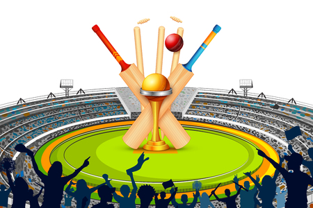 Stadium of Cricket with Bat, wicket and Trophy.のイラスト素材