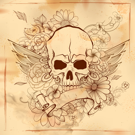 Vintge style grungy skull print retro backgroundのイラスト素材