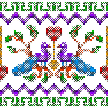 Cross Stitch Embroidery peacock design for seamless pattern textureのイラスト素材