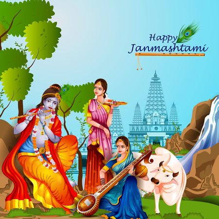 Lord Krishna and Radha on Happy Janmashtami backgroundの写真素材