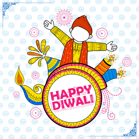 Kid celebrating happy Diwali Holiday doodle background for light festival of Indiaのイラスト素材