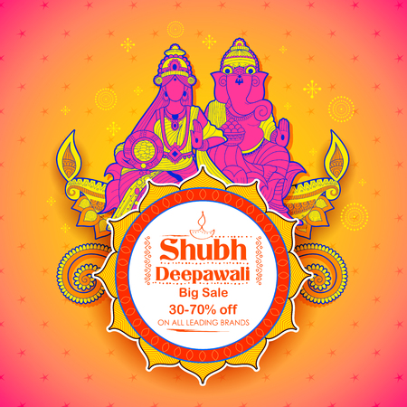 Goddess Lakshmi and Lord Ganesha on happy Diwali Holiday doodle background for light festival of Indiaのイラスト素材