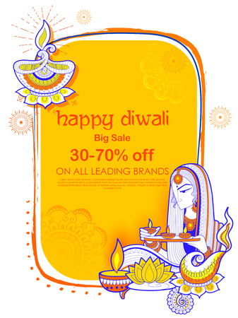 Lady burning diya on Happy Diwal Holiday Sale promotion advertisement background for light festival of Indiaのイラスト素材