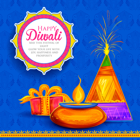 Burning diya on Happy Diwali Holiday background for light festival of Indiaのイラスト素材