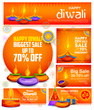 Burning diya on Happy Diwali Holiday Sale promotion advertisement background for light festival of Indiaのイラスト素材