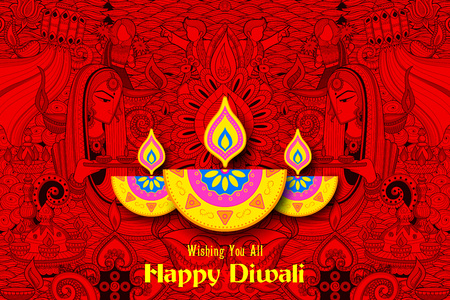 illustration of burning diya on Happy Diwali Holiday background for light festival of Indiaのイラスト素材