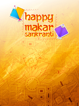 Happy Makar Sankranti wallpaper with colorful kite string for festival of India.のイラスト素材