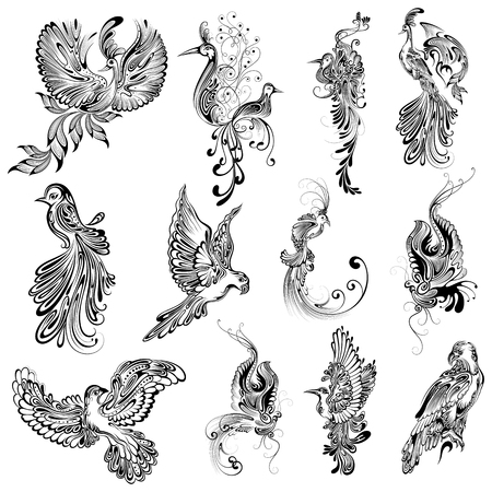 Tattoo art design of bird collectionのイラスト素材
