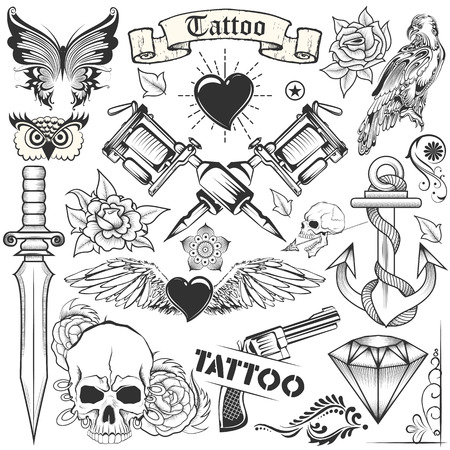 Tattoo art design of Skull, Horse and Flower collection with tattooing machine.のイラスト素材