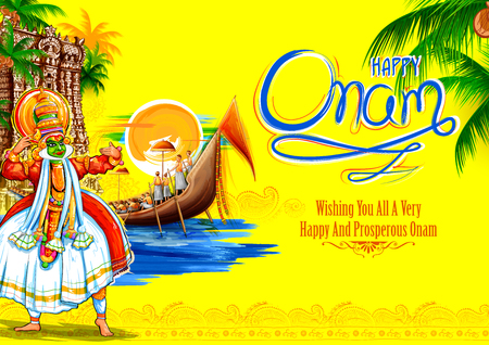 Kathakali dancer on background for Happy Onam festival of South India Keralaのイラスト素材