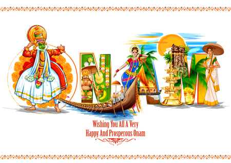 Kathakali dancer on background for Happy Onam festival of South India Keralaのイラスト素材