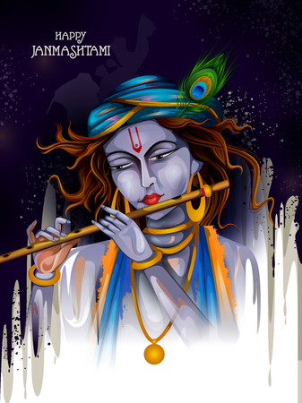 Lord Krishna playing flute on Happy Janmashtami holiday Indian festival greeting backgroundのイラスト素材