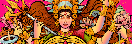 Goddess Durga Face in Happy Durga Puja Subh Navratri backgroundのイラスト素材