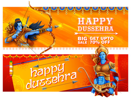 Lord Rama in Navratri festival of India sale promotion ans advertisement poster for Happy Dussehraのイラスト素材
