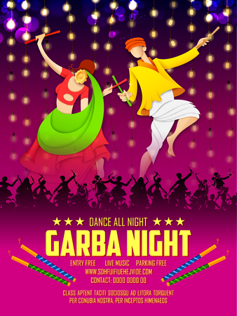Couple playing Dandiya in disco Garba Night poster for Navratri Dussehra festival of Indiaのイラスト素材