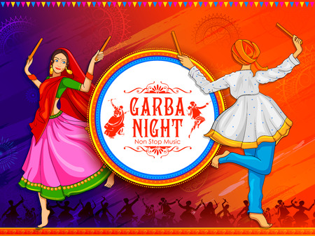 Couple playing Dandiya in disco Garba Night poster for Navratri Dussehra festival of Indiaのイラスト素材