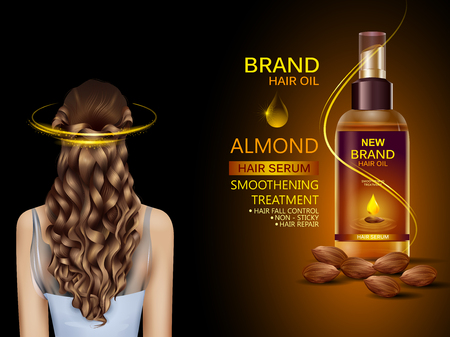 Advertisement promotion banner for almond oil hair serum for smoothening and strong hairのイラスト素材