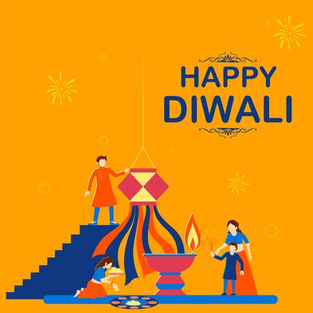 illustration of Indian people celebrating on Happy Diwali Hindu Holiday background for light festival of Indiaのイラスト素材