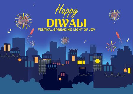 illustration of Firework on Indian cityscape for Happy Diwali Holiday background for light festival of Indiaのイラスト素材