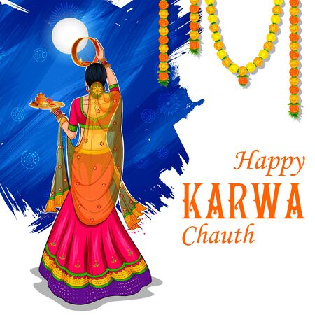 illustration of Indian woman performing Hindu married festival Karwa Cahuth looking moon through shieveのイラスト素材