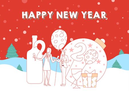 illustration of people celebrating Merry Christmas and Happy New Year 2020 on holiday backgroundのイラスト素材