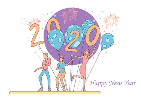 illustration of people celebrating Merry Christmas and Happy New Year 2020 on holiday backgroundのイラスト素材