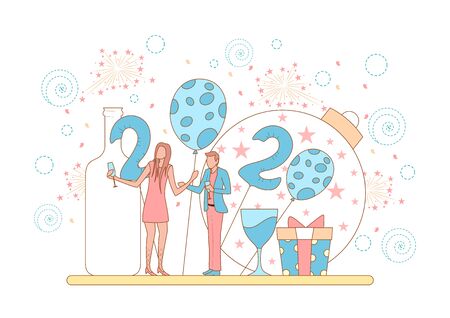 illustration of people celebrating Merry Christmas and Happy New Year 2020 on holiday backgroundのイラスト素材