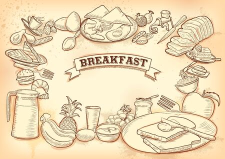 illustration of template of different types of Breakfast item for menu background design of restaurantのイラスト素材