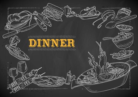 illustration of template of different types of Dinner item for menu background design of Hotel or restaurantのイラスト素材