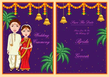 illustration of couple on Indian Wedding invitation template backgroundのイラスト素材