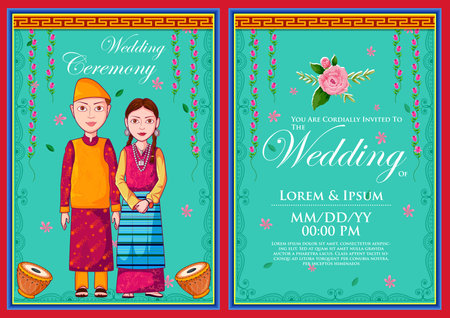illustration of couple on Indian Wedding invitation template backgroundのイラスト素材