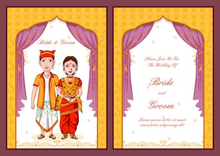 illustration of Konkani couple on Indian Wedding invitation template backgroundのイラスト素材