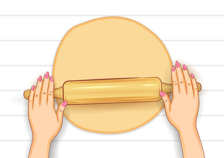 Human hand rolling dough on wooden board for bread or pizza makingのイラスト素材