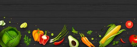 Illustration of healthy and fresh fruit and vegetable with kitchen tools and utensil for home cookingのイラスト素材